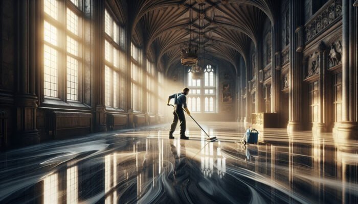 A person meticulously cleaning glossy marble floors in a Scottish Borders castle, ensuring a streak-free finish, with sunlight streaming through large windows.