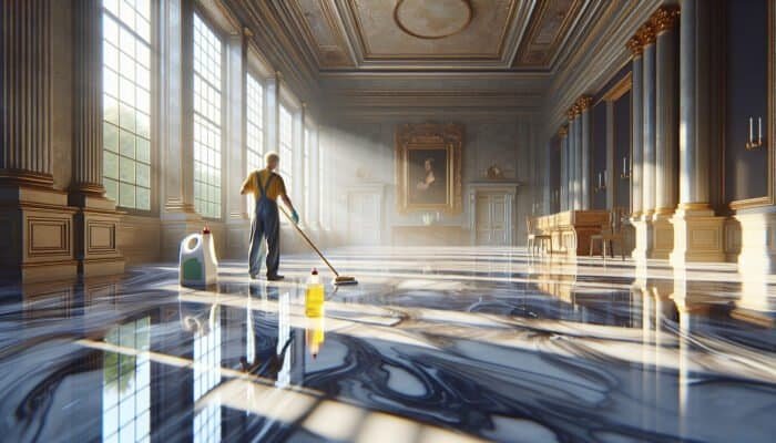 A person effectively cleaning glossy marble floors in a historic Scottish Borders home, ensuring a streak-free finish with sunlight filtering through windows.