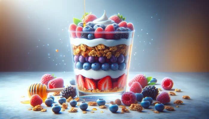 Greek yoghurt parfait with granola, berries, and honey in a clear glass.
