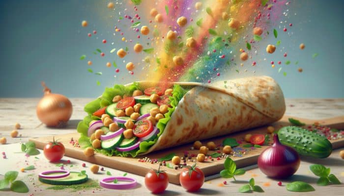 A vibrant chickpea salad wrap with vegetables, herbs, and vinaigrette in a whole grain tortilla.