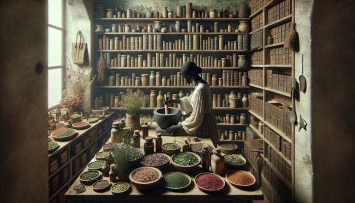 A person grinding dried herbs in a mortar, surrounded by shelves of colorful herbs and ancient books in an apothecary.