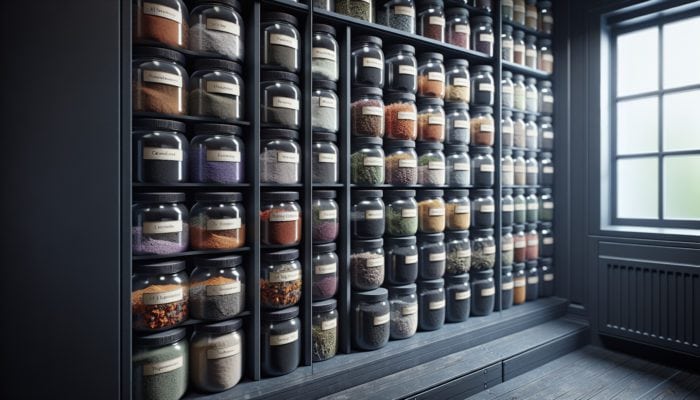 Dark glass jars with labeled herbal powders in a cool, UK pantry for potency maintenance.