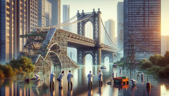 Inspectors assessing a flooded urban bridge and drainage systems during heavy rain to evaluate infrastructure resilience.