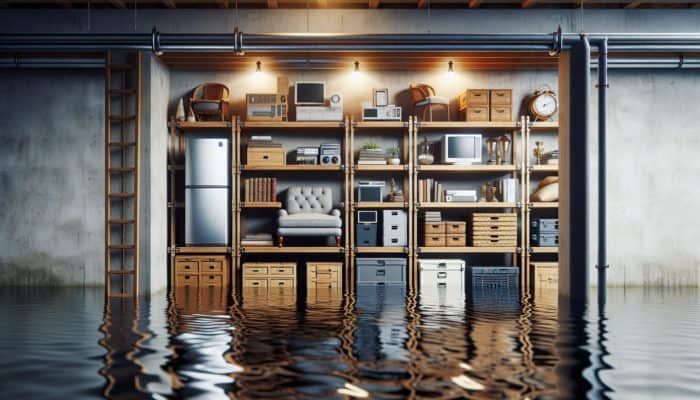 Furniture and electronics on platforms and shelves above water in a flooded basement, illustrating flood protection.