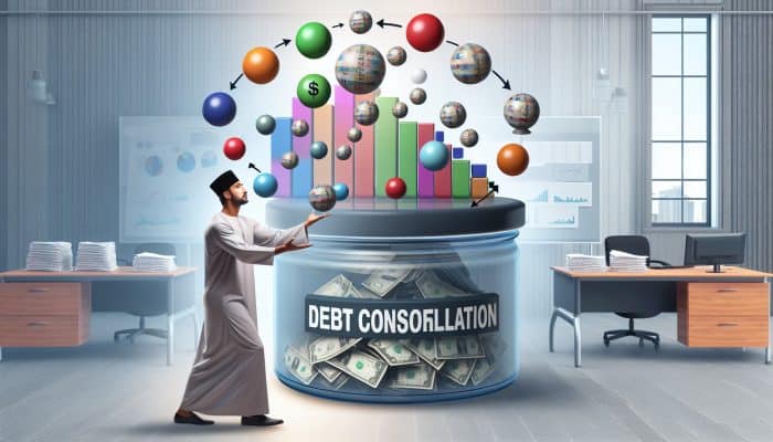 Debt Consolidation and Credit Score Myths: UK Insights | DCL A person juggling colorful balls as debts, consolidating them into a clear container in a financial office.