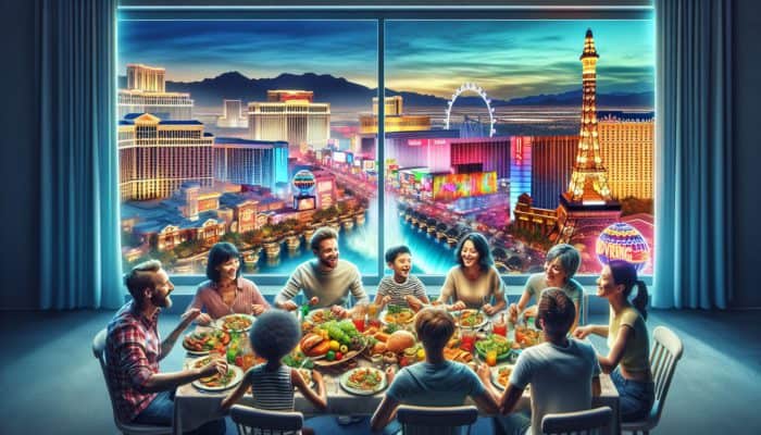 A family gathering around a meal in Las Vegas, with city attractions visible, enhancing their adventure.