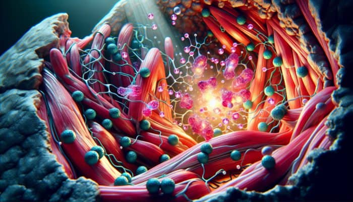 Microscopic view of muscle fibers repairing and growing with glowing glutamine molecules highlighting protein synthesis.