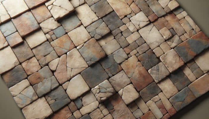 Close-up of rustic quarry tiles in earthy tones, unglazed and slip-resistant, suitable for kitchen floors.