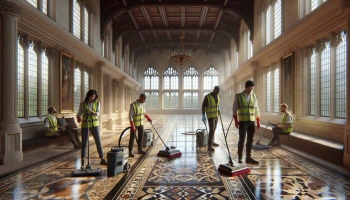 Skilled professionals cleaning quarry tile floors in a UK manor with advanced equipment.