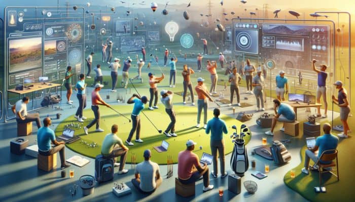 South African golfers using laptops and smartphones, interacting in a community forum with local expert support for swing analysis.