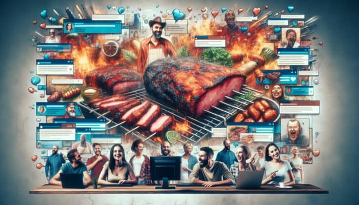 A vibrant online forum with avatars of pitmasters and beginners, surrounded by smoking meats, ribs, and briskets, sharing tips and recipes.