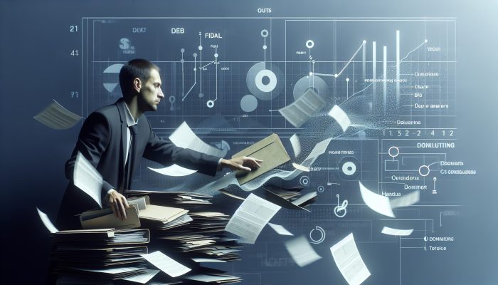 Best Ways to Manage a Consolidation Loan: A Comprehensive Guide | DCL A person meticulously organising bills into a folder, symbolising the concept of debt consolidation, with financial charts illustrating trends in the background.