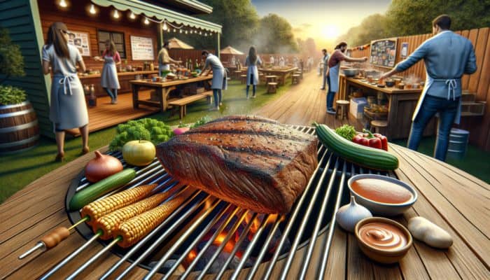 A seasoned brisket on a BBQ grill with vegetables and marinade, in an outdoor cooking setup.