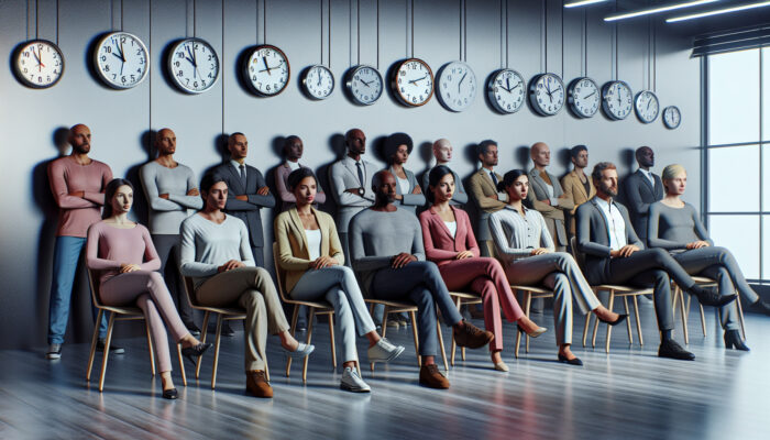 Diverse group waiting in an office with permit applications and clocks indicating various times.