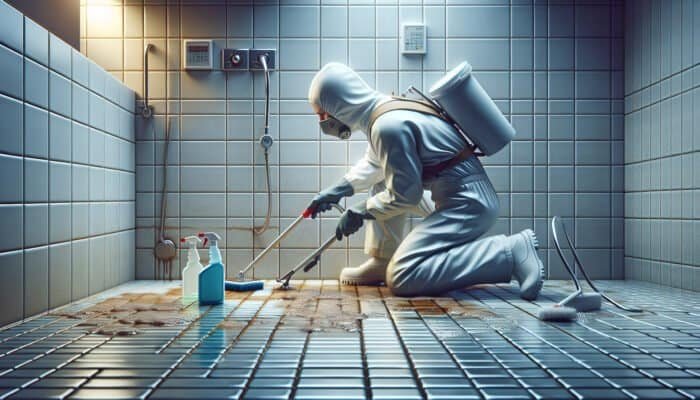 A professional cleaner scrubbing stained grout on a bathroom floor, achieving a pristine finish.