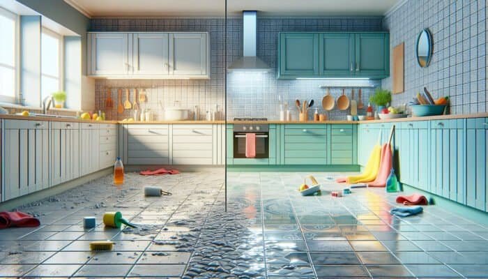 Sparkling clean grout lines enhancing tile brightness in a vibrant kitchen and bathroom.