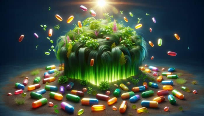 Thick, healthy hair strands growing from nutrient-rich soil, surrounded by vitamin capsules under a glowing sun.