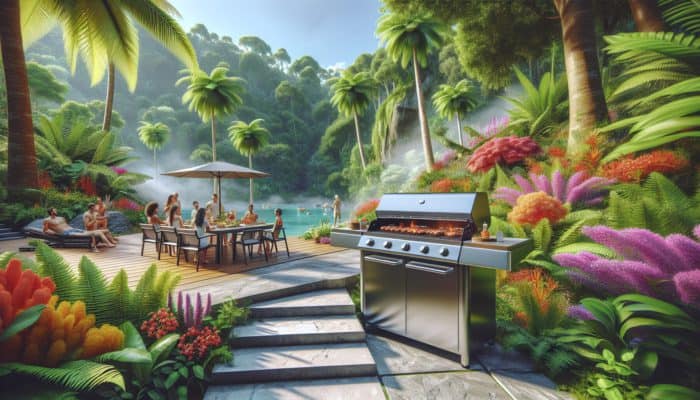 A contemporary stainless steel grill on a patio, enhanced by lush greenery and flowers, with individuals relishing a barbecue.