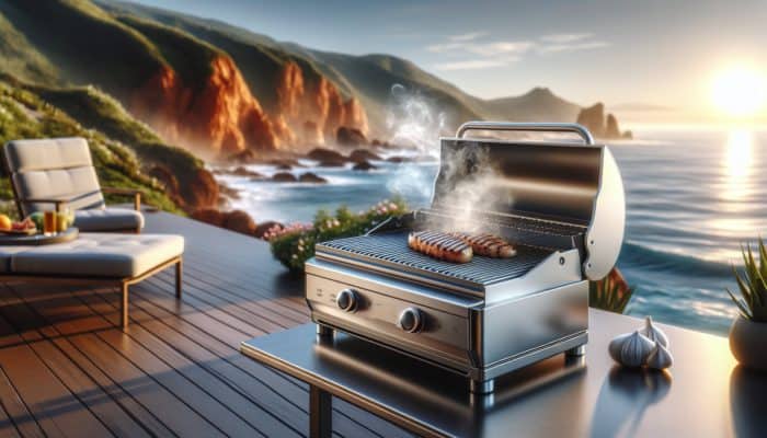 A state-of-the-art aluminium grill on a coastal patio, resistant to rust with steam rising from grilled food.