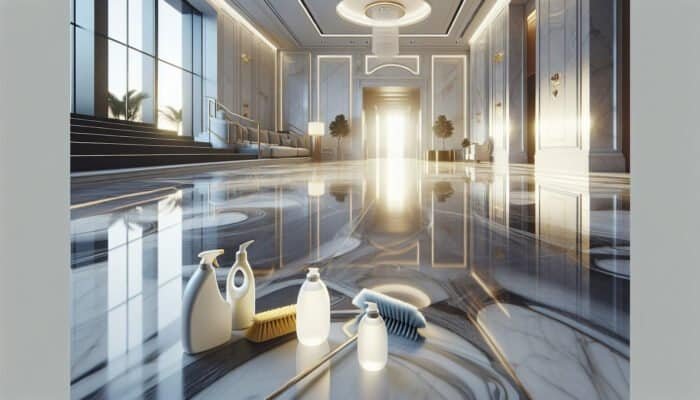 Luxurious marble floor in a Cottenham Park home, gleaming, with cleaning tools, highlighting importance of maintenance.