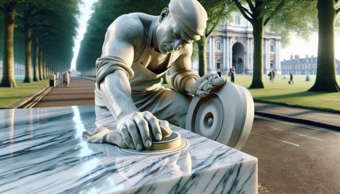 Artisan polishing marble with traditional powder paste in Cottenham Park, enhancing shine and resilience.