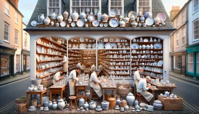 A cosy East Calder porcelain repair shop with artisans restoring ceramics, offering personalised consultations.