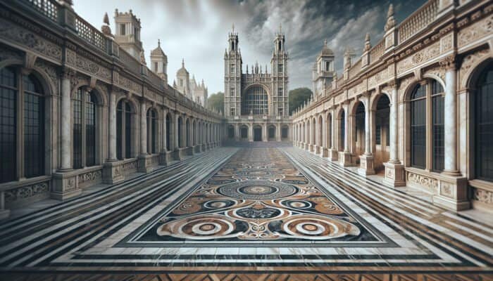 Restored marble floor in Morden Park, UK, featuring intricate designs, with the British Museum and Westminster Abbey in the background.