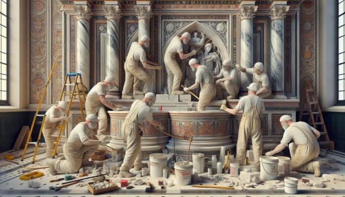 Craftsmen employing traditional techniques to restore a historic UK building, maintaining its authenticity and historical context.