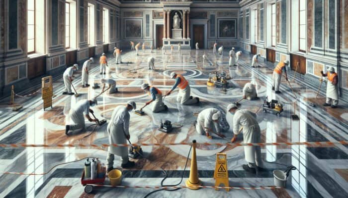 Detailed cleaning and honing of historic marble floors at Buckingham Palace, blending traditional and contemporary techniques.