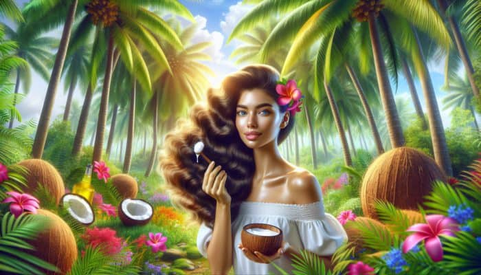 Woman applying coconut oil in a tropical setting, symbolising hair nourishment and protection.