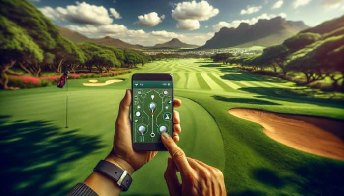 Golfer utilising Golfshot app on smartphone to measure distance on a South African golf course.