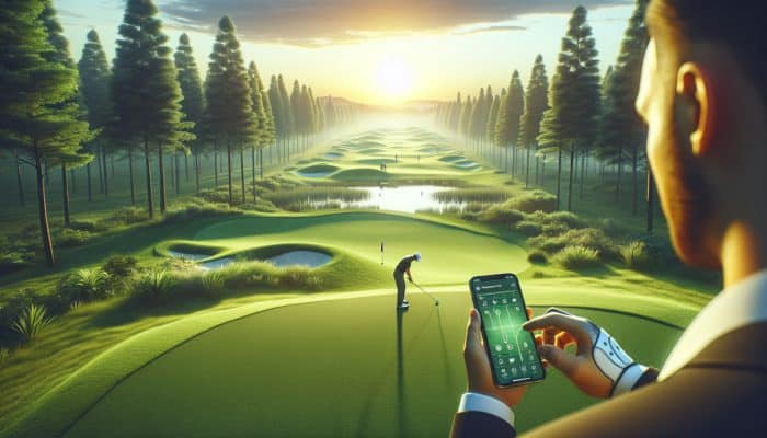 Golfer using smartphone app on a tranquil sunset golf course to analyse swing data.
