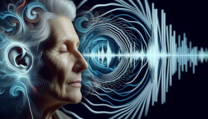 Elderly woman with serene expression amidst abstract sound waves, illustrating cochlear cell deterioration from sensorineural hearing loss.