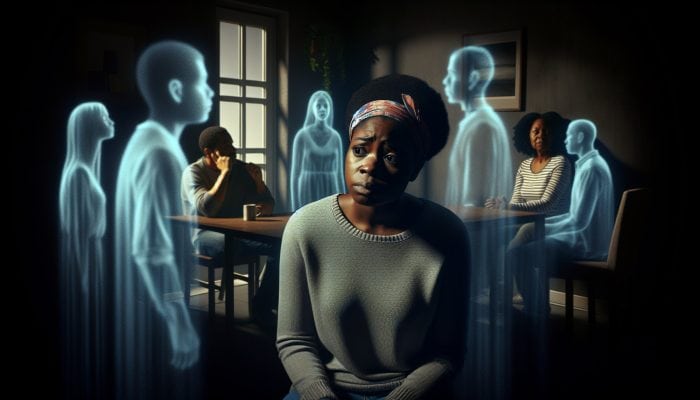 A woman alone in a dimly lit room, showing frustration and isolation, surrounded by faint figures of friends and family.