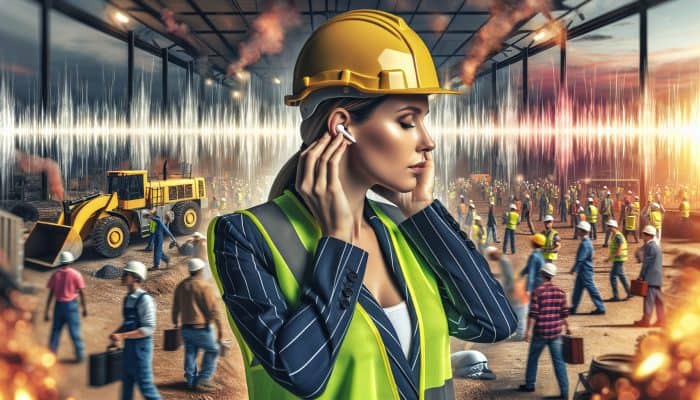 Woman wearing yellow earmuffs and inserting earplugs at a noisy construction site.