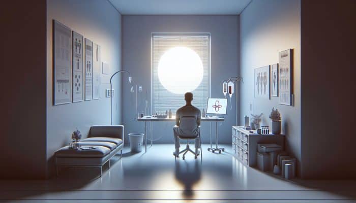 Person in Dundee preparing for liver blood test, fasting and avoiding alcohol, in a minimalist medical room.