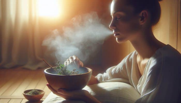 Person inhaling steam from a bowl with eucalyptus and peppermint, surrounded by soothing mist, for respiratory health.