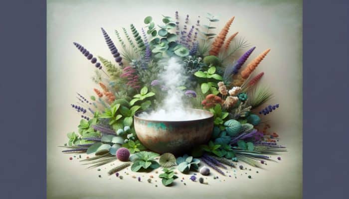 A serene spa scene with eucalyptus, mint, and lavender surrounding a steaming bowl for inhalation.