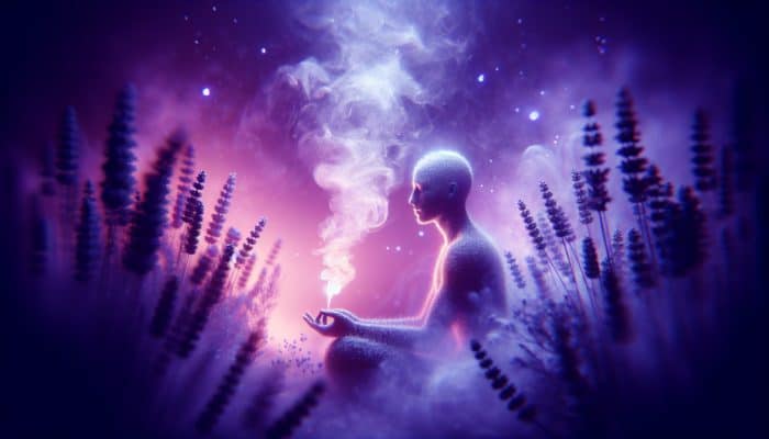 Person inhaling soothing lavender steam in a serene home spa, surrounded by calming purple hues.