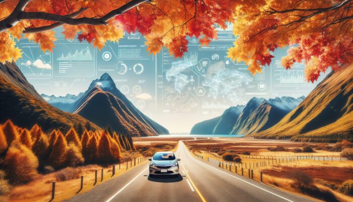 A rental car on a scenic, less crowded New Zealand highway in autumn, surrounded by colorful foliage.