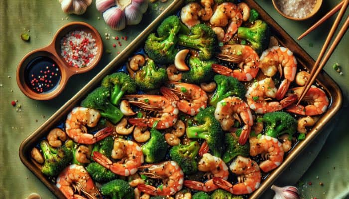 Shrimp and broccoli on a sheet pan, glazed with soy, garlic, and ginger, roasted to perfection.