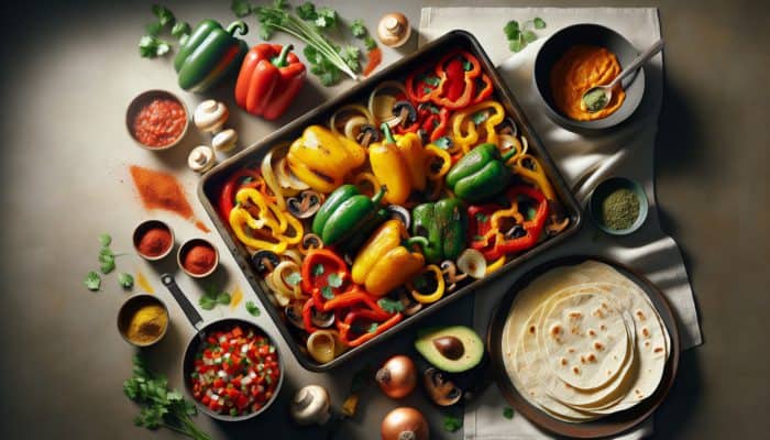 Roasted bell peppers, onions, and mushrooms on a sheet pan, served with tortillas, avocado, salsa, and cilantro.