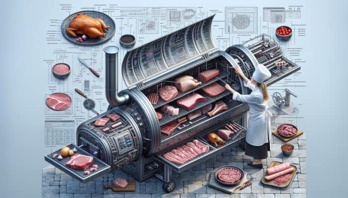 Diagram of a smoker with labeled parts, meats at various smoking stages, and a chef adjusting settings.