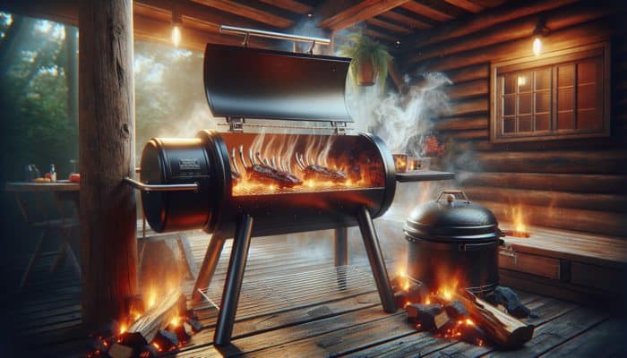 Smoker preheating with heat waves, glowing charcoal, and wood chips in rustic outdoor kitchen.