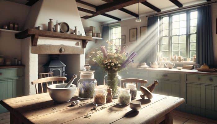 A wooden table with mortar, pestle, jars of herbs, teapot, and cups in a cozy cottage kitchen.
