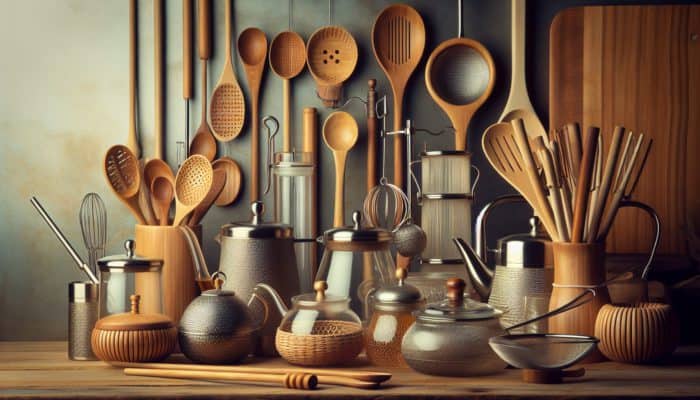 Wooden spoons, bamboo strainers, glass kettles, and metal utensils air-drying on a kitchen counter after cleaning.