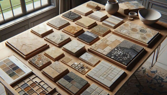 Limestone flooring samples on a wooden table, showcasing Cotswold, Yorkshire, and Jurassic varieties.
