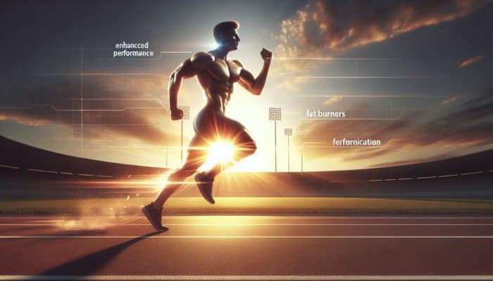 Athlete running at sunset on track, showcasing lean physique enhanced by fat burners.
