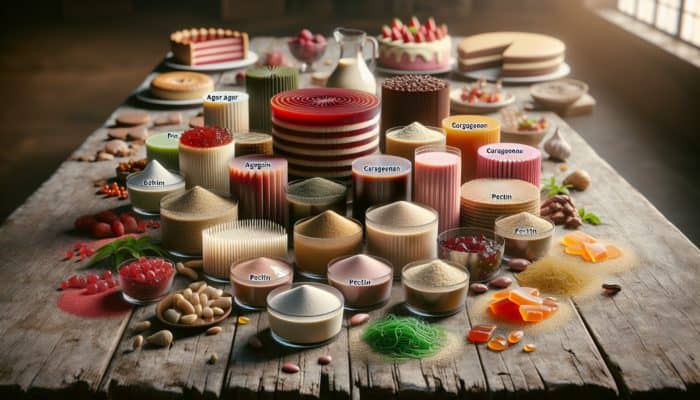 Vegan gelatin ingredients: agar agar, carrageenan, pectin, displayed on a rustic table with plant-based desserts.