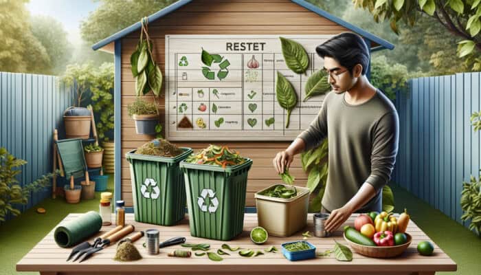 A homeowner sorting green waste into bins for recycling and composting in a backyard, with tools and checklist.